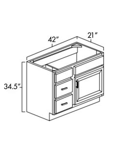 Rustic Hickory 42"W X 21"D X 34.5"H Double Door Vanity Cabinet with Drawers On Left.
